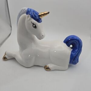 Ceramic Unicorn Figurine White Blue Gold Horn Fantasy Decor